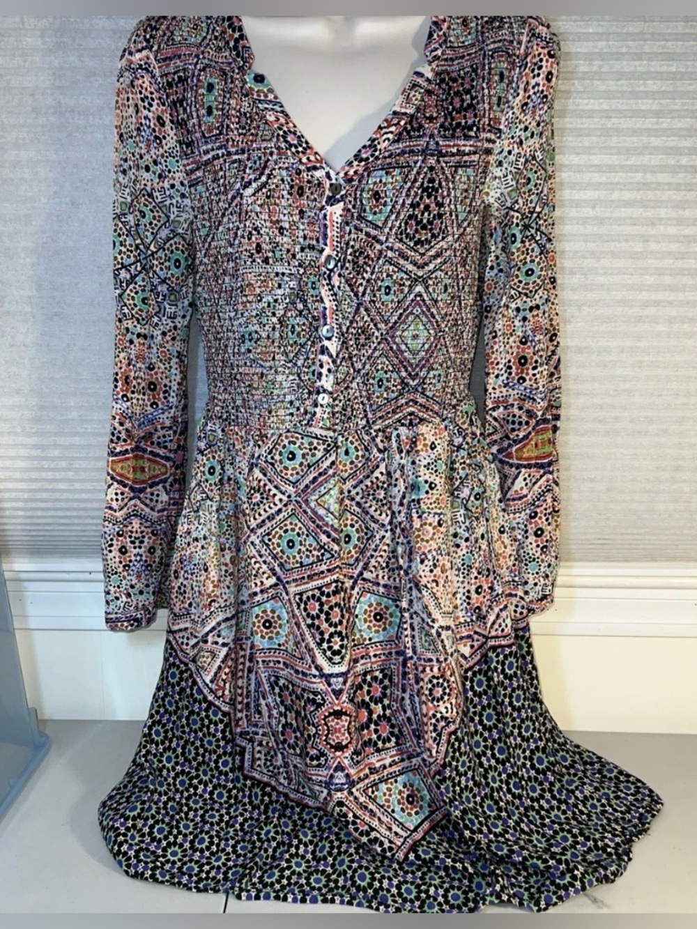 Maeve Tiled Amethyst Dress from Anthropologie Abstract kaleidoscope Smocked V M